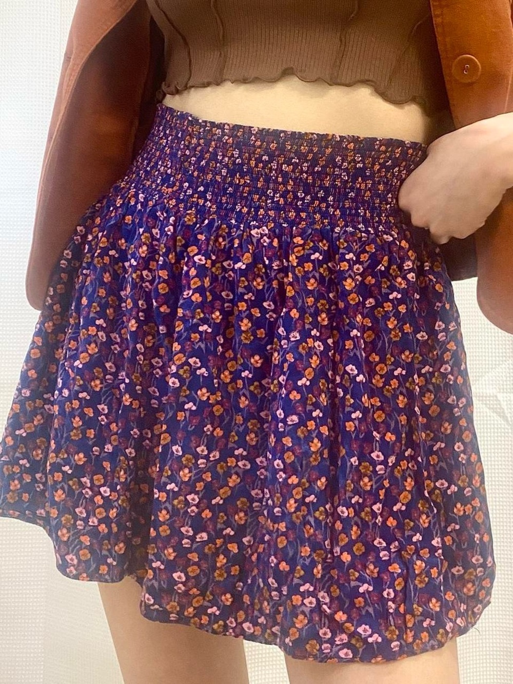 Floral Smocked Waist Mini Skirt - Purple Floral